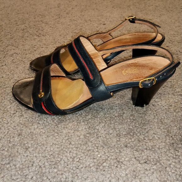 Gucci Italy Vintage Gold Bit Black Red Leather Sandals Heels Slides Shoes sz 38 - Picture 9 of 9